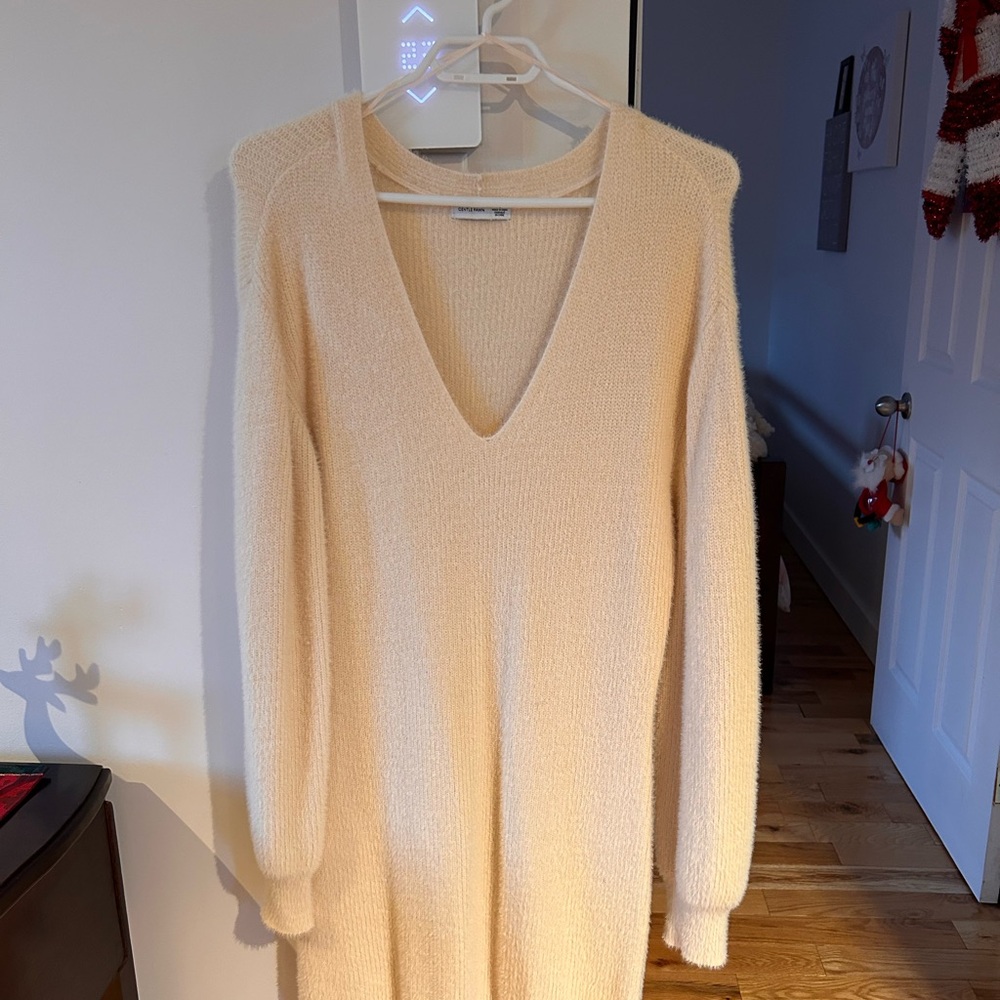 Cream V-Neck Sweater Dress